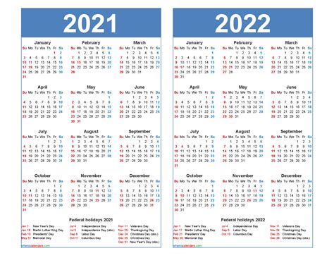 2021 Calendar 2022 Printable Pdf